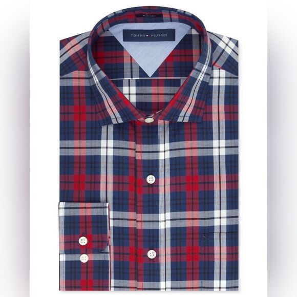 Tommy Hilfiger size 16 (34-35) white red navy plaid long sleeve dress shirt - Picture 2 of 7